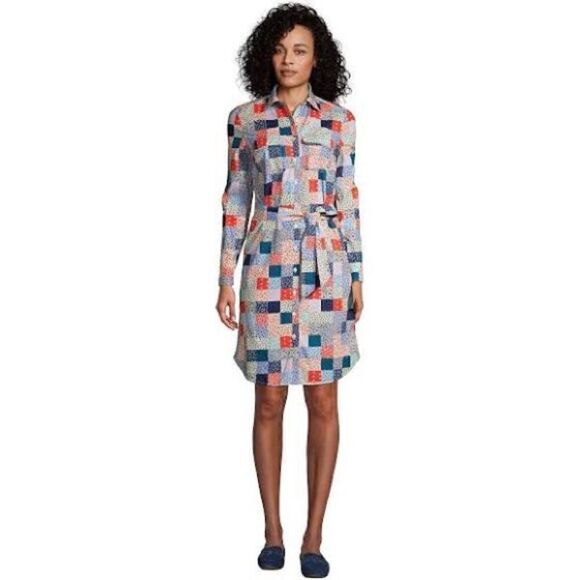 Land’s End Plus Size Dress patchwork long sleeve button down belted pockets LP - Picture 1 of 14